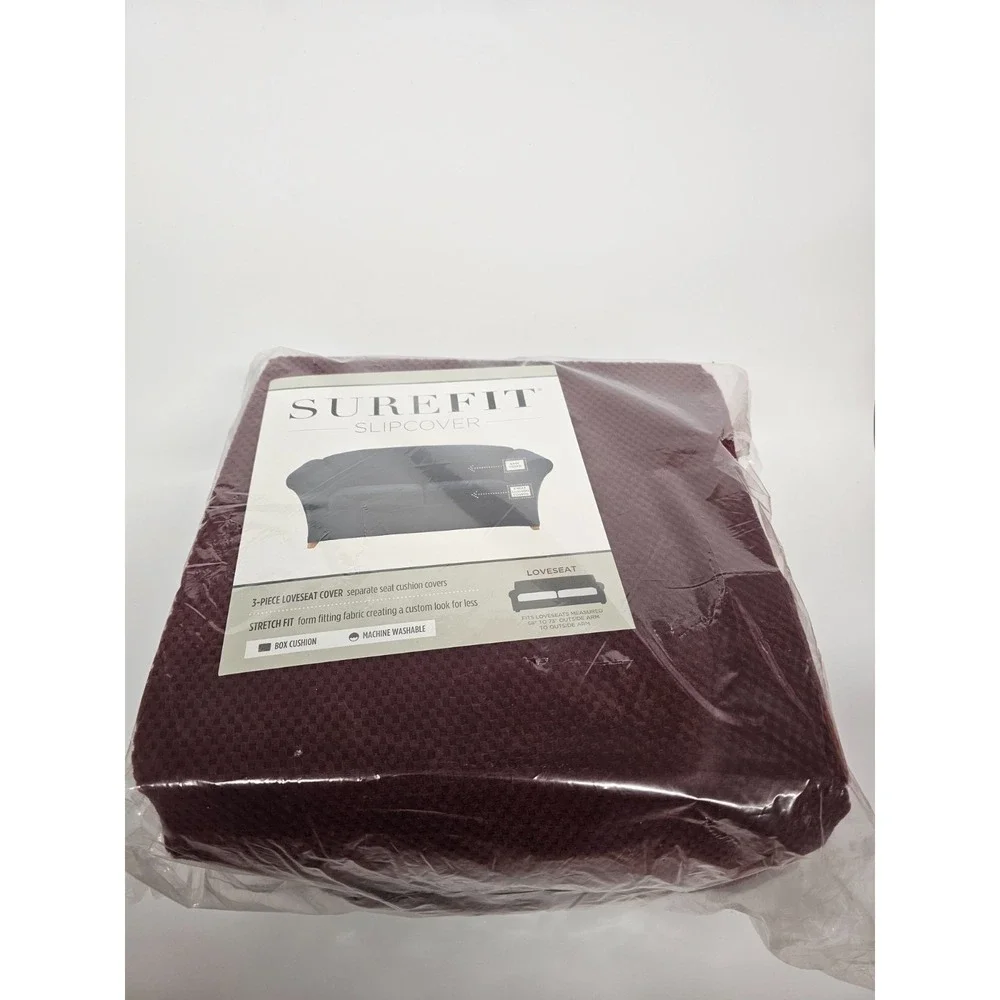 New Surefit crushed pique garnet red loveseat slip box cushion 3 piece cover